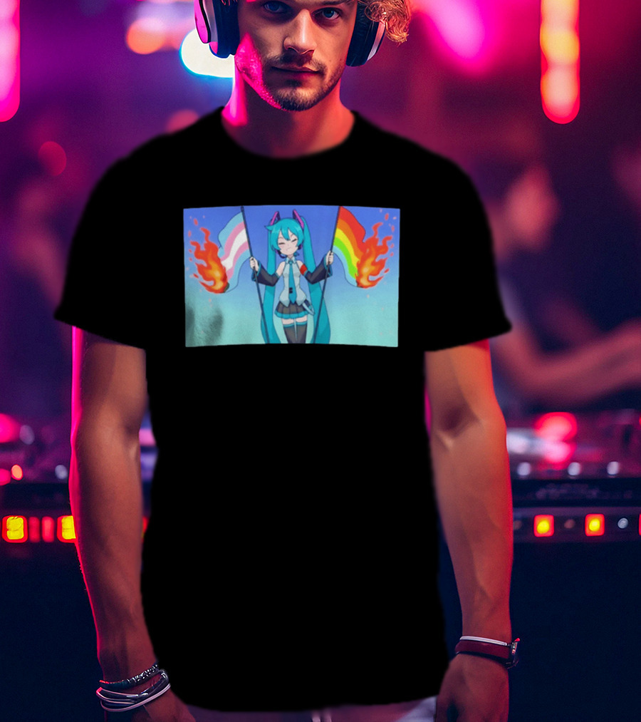 Anime Vocaloid Miku Holding Burning Transgender And Rainbow Flags Controversial Pride Month 2026 T-Shirt