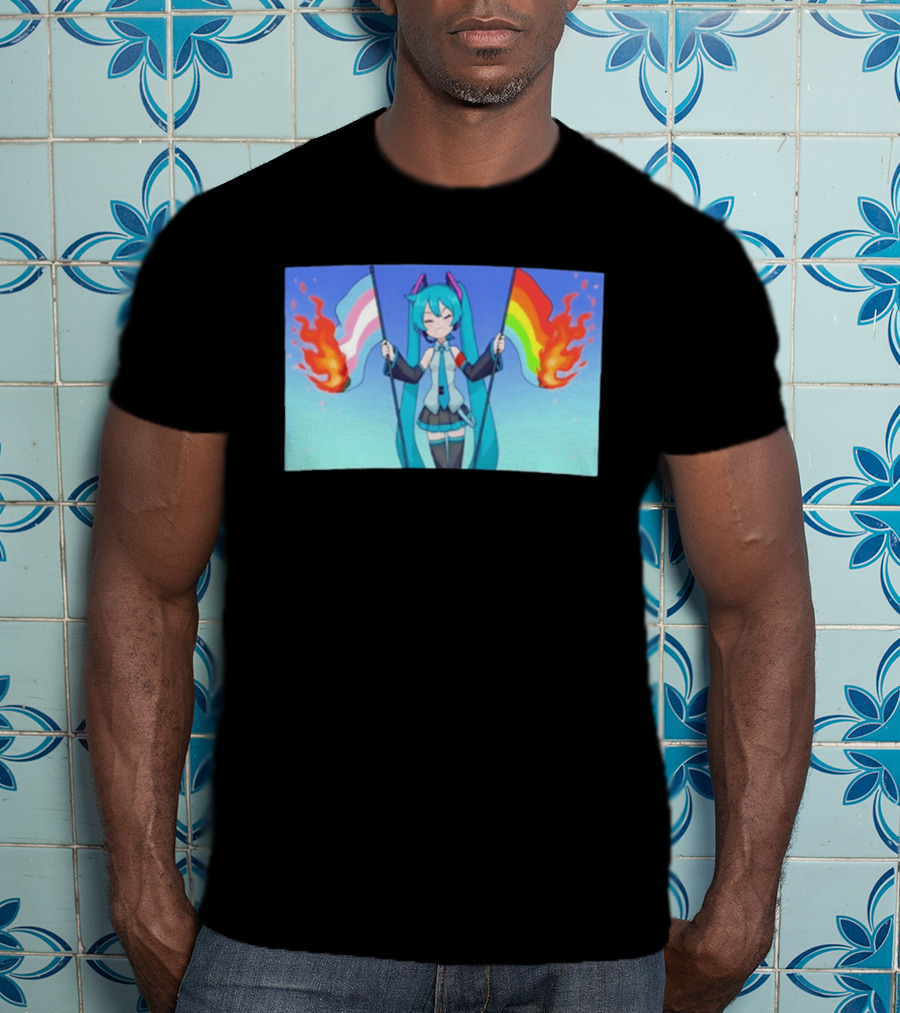 Anime Vocaloid Miku Holding Burning Transgender And Rainbow Flags Controversial Pride Month 2026 T-Shirt