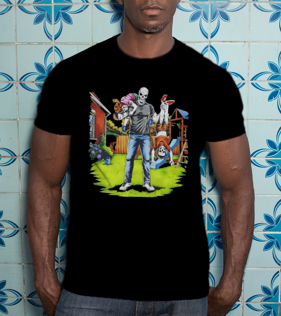 Darkest Dad Skeleton Carrying Children Garden Playground Fun Playtime T-Shirt