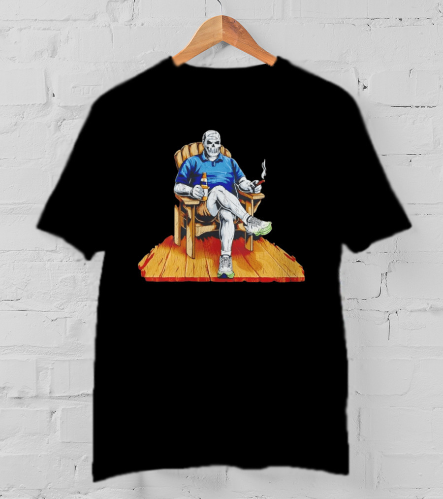 DarthBeards Skull Sitting In A Lawn Chair With Beer And Cigar T-Shirt