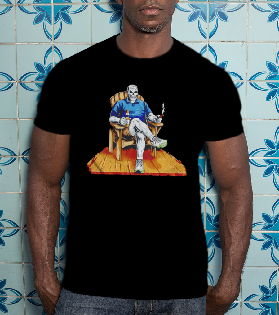 DarthBeards Skull Sitting In A Lawn Chair With Beer And Cigar T-Shirt