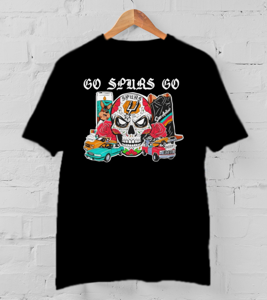 Go Spurs Go SAS Wemby Spurs The Alien Sugar Skull San Antonio Cars Roses T-Shirt