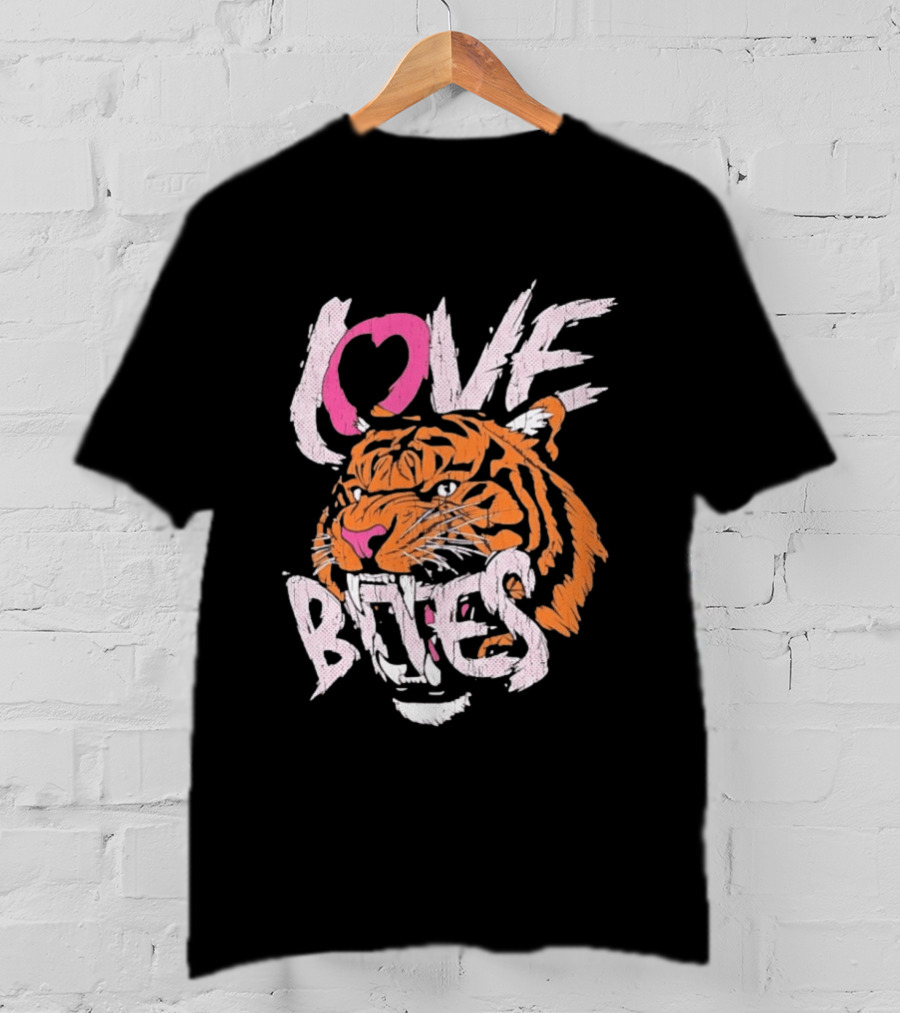 Love Bites Roaring Tiger Face Bold Pink And Orange T-Shirt