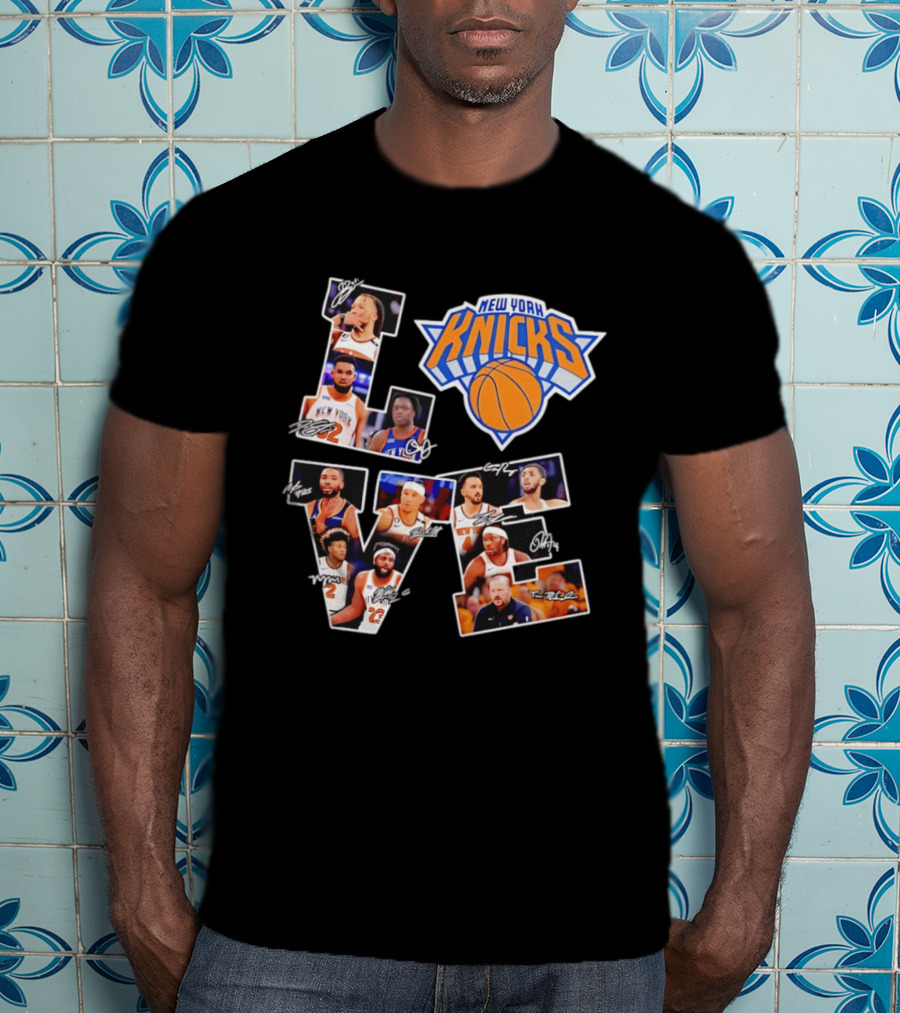 New York Knicks Players Autograph Collage Spelling LOVE With Iconic Team T-Shirt
