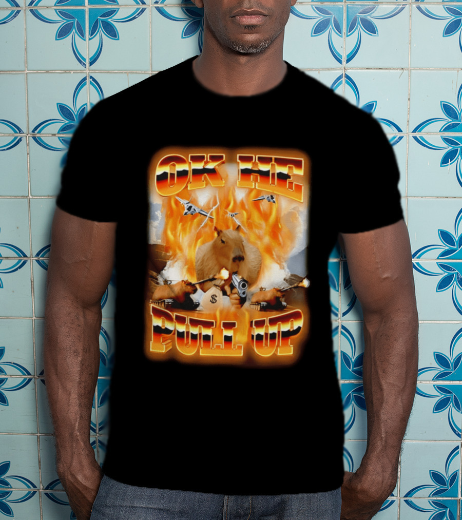 Ok He Pull Up Capybara Surrounded By Fire With Jets And Guns T-Shirt