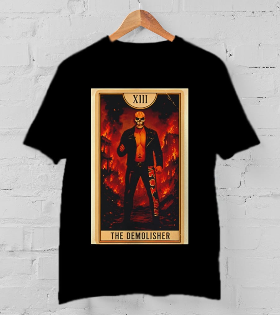 XIII The Demolisher Tarot Card Skull Masked Figure In Flames T-Shirt