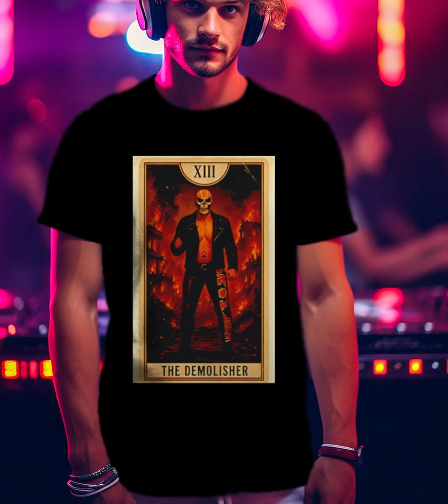 XIII The Demolisher Tarot Card Skull Masked Figure In Flames T-Shirt