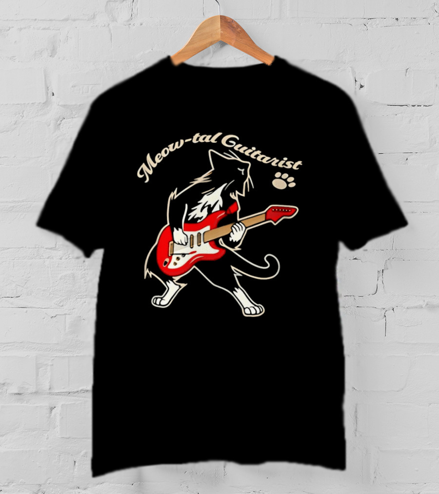Meow Tal Guitarist Cat Playing Red Electric Guitar T-Shirt