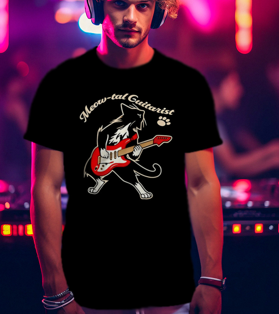 Meow Tal Guitarist Cat Playing Red Electric Guitar T-Shirt
