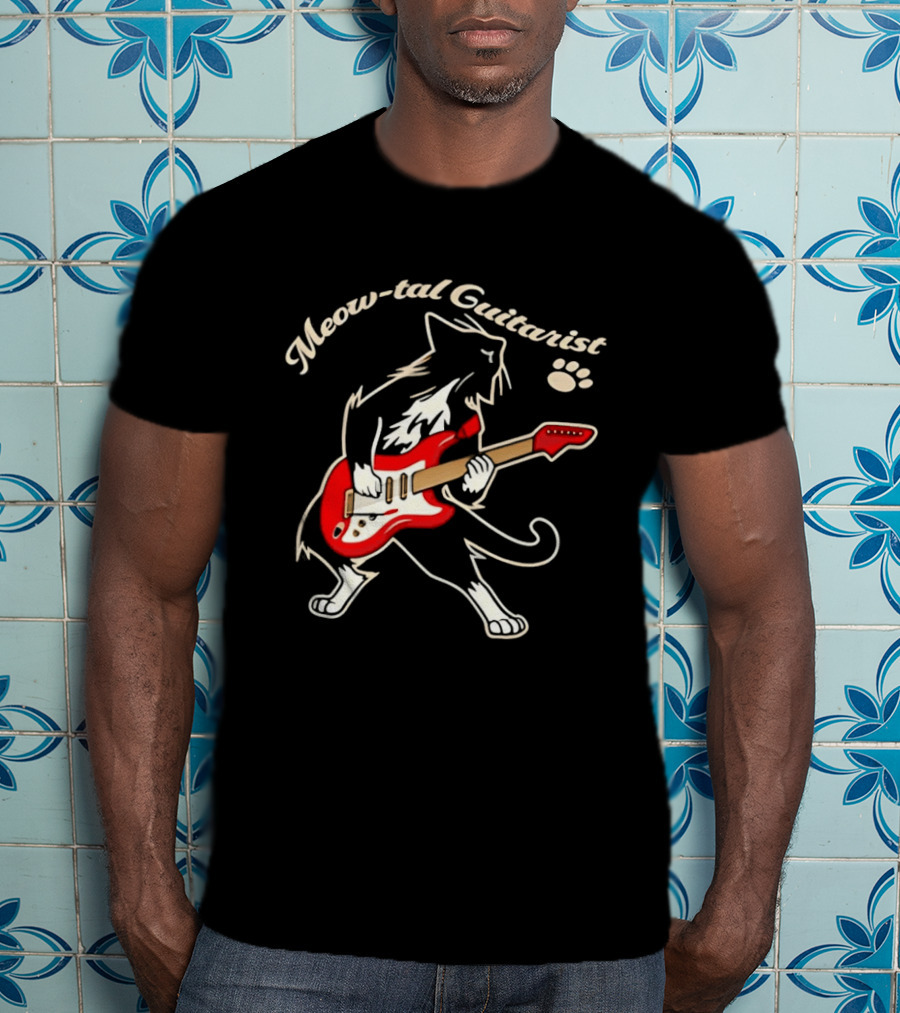 Meow Tal Guitarist Cat Playing Red Electric Guitar T-Shirt