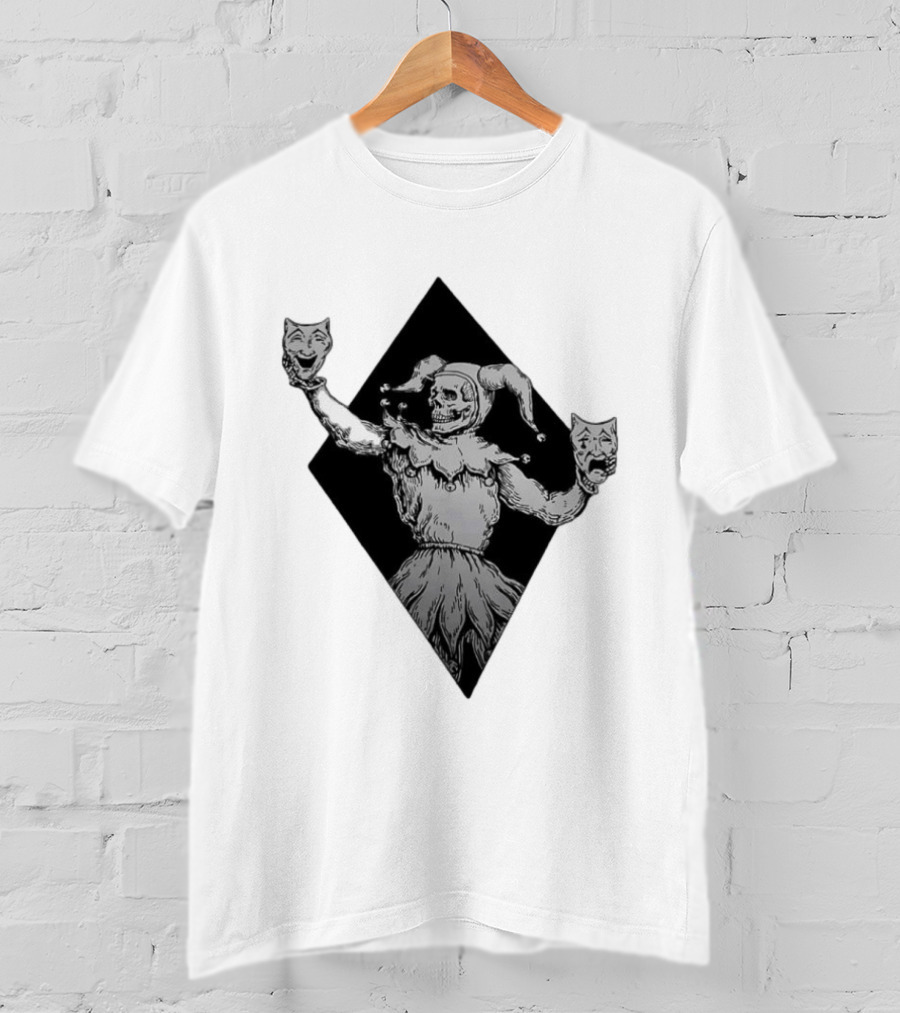 Skeleton Jester Holding Comedy And Tragedy Masks Medieval Gothic Costume T-Shirt