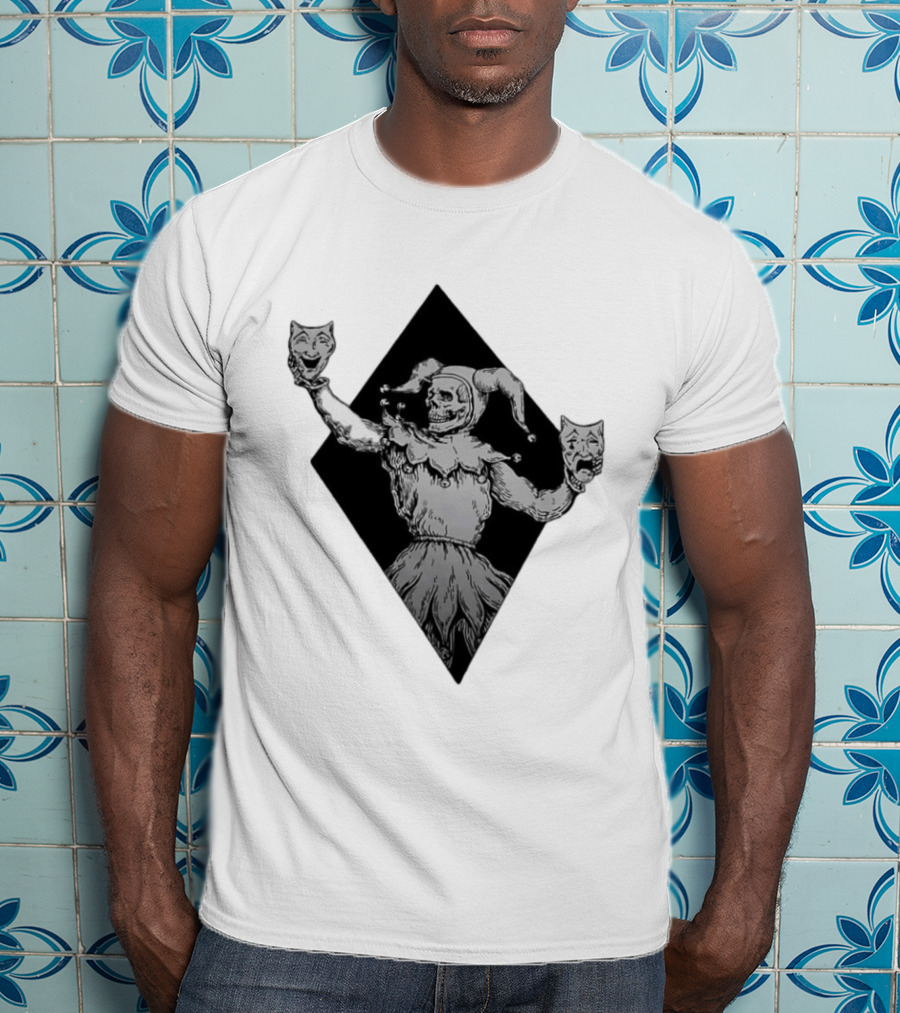 Skeleton Jester Holding Comedy And Tragedy Masks Medieval Gothic Costume T-Shirt