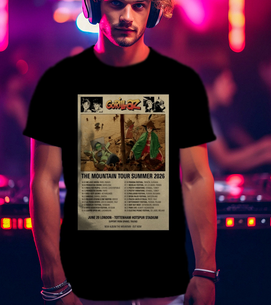 Gorillaz The Mountain Tour Summer 2026 Concert Featuring Noodle And Band Members T-Shirt