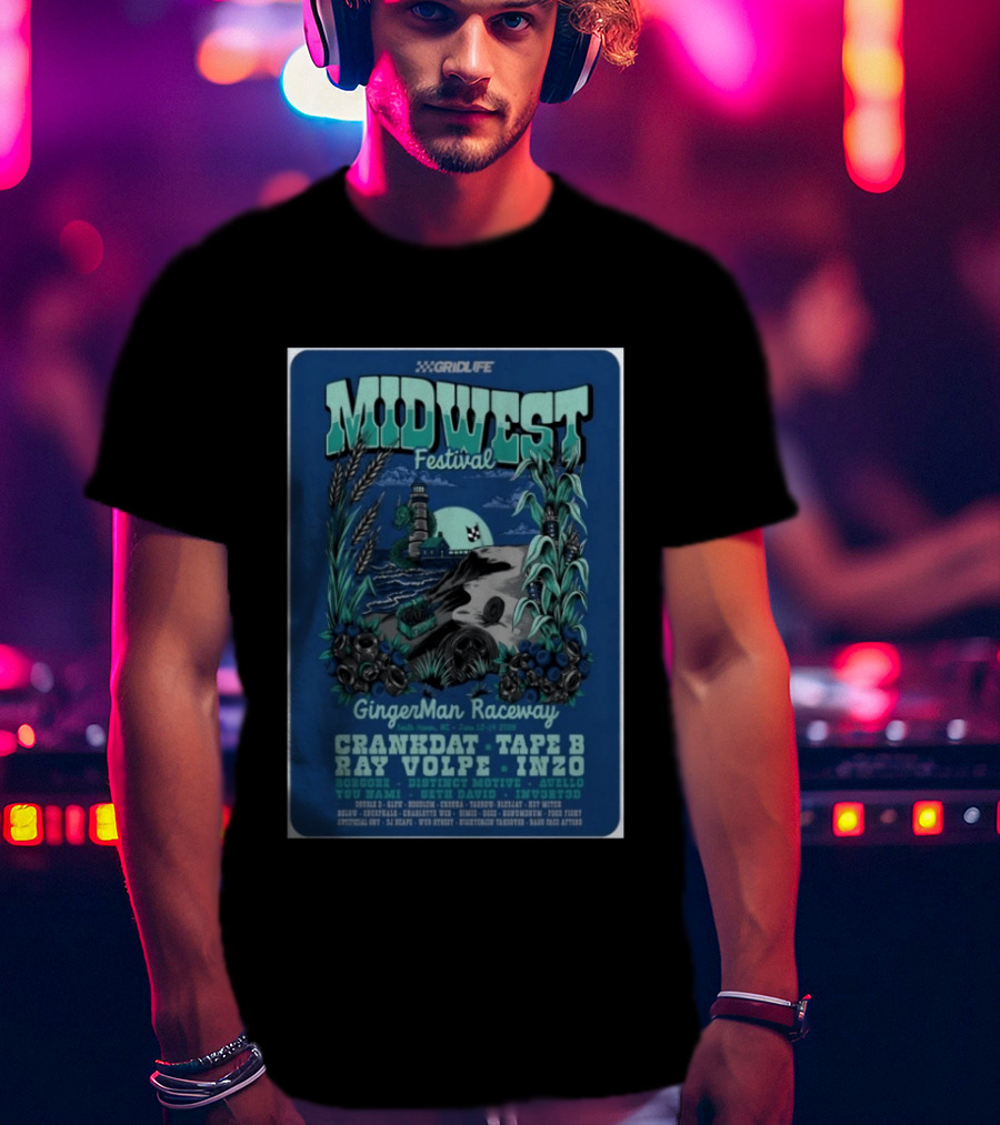 GRIDLIFE Midwest Festival GingerMan Raceway June 12 14 2026 South Haven MI Crankdat Tape B Ray Volpe INZO Borgore T-Shirt