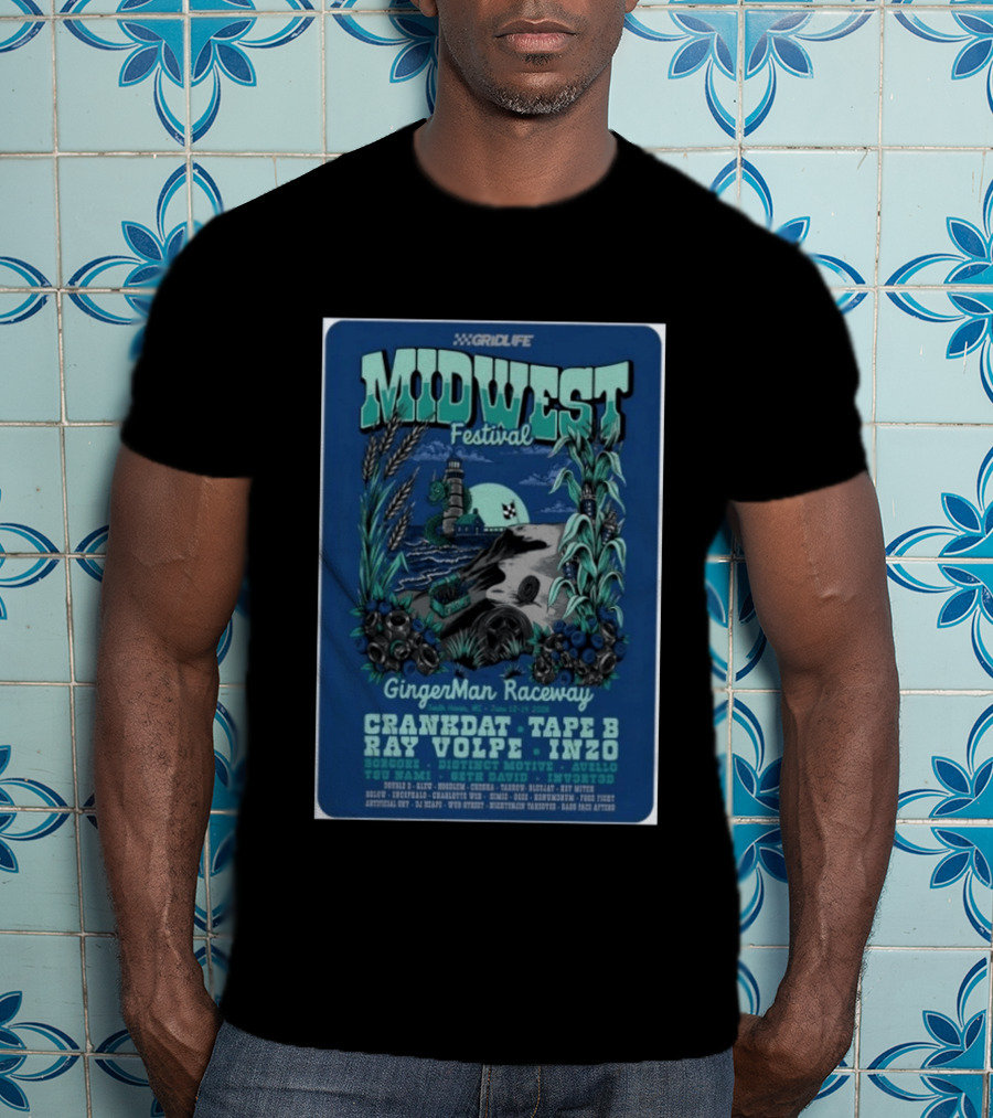 GRIDLIFE Midwest Festival GingerMan Raceway June 12 14 2026 South Haven MI Crankdat Tape B Ray Volpe INZO Borgore T-Shirt