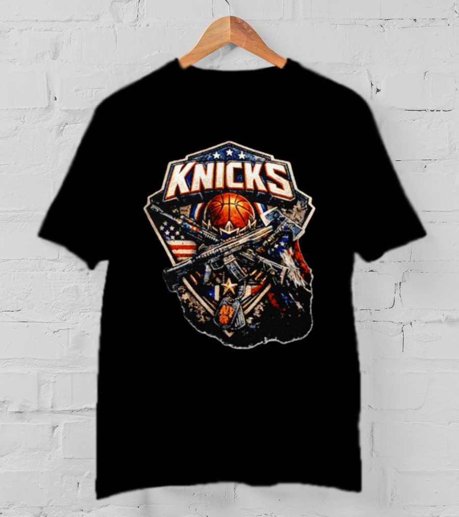 Knicks Basketball Rifles Badge American Flag Emblem NY Star T-Shirt