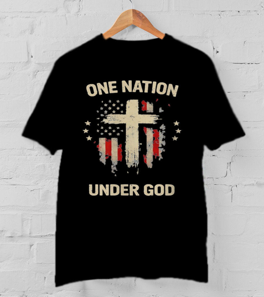 One Nation Under God Patriotic Cross American Flag Christian Faith T-Shirt