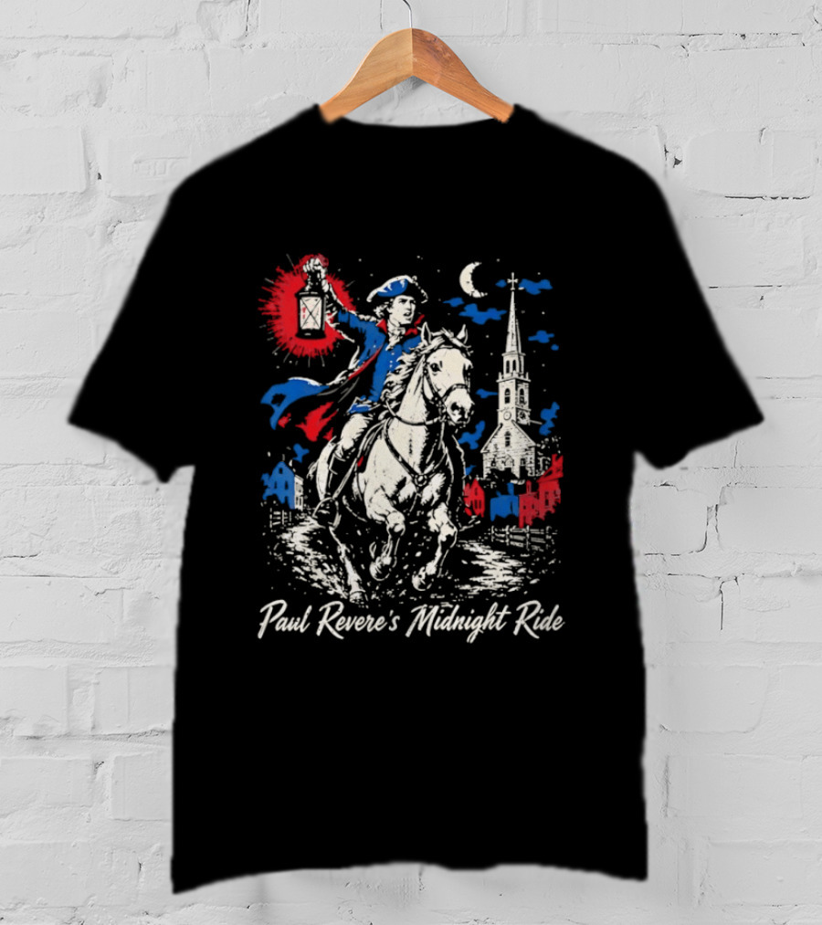 Paul Revere Midnight Ride American Revolutionary War Patriotic Historical Scene With Lantern And Church T-Shirt