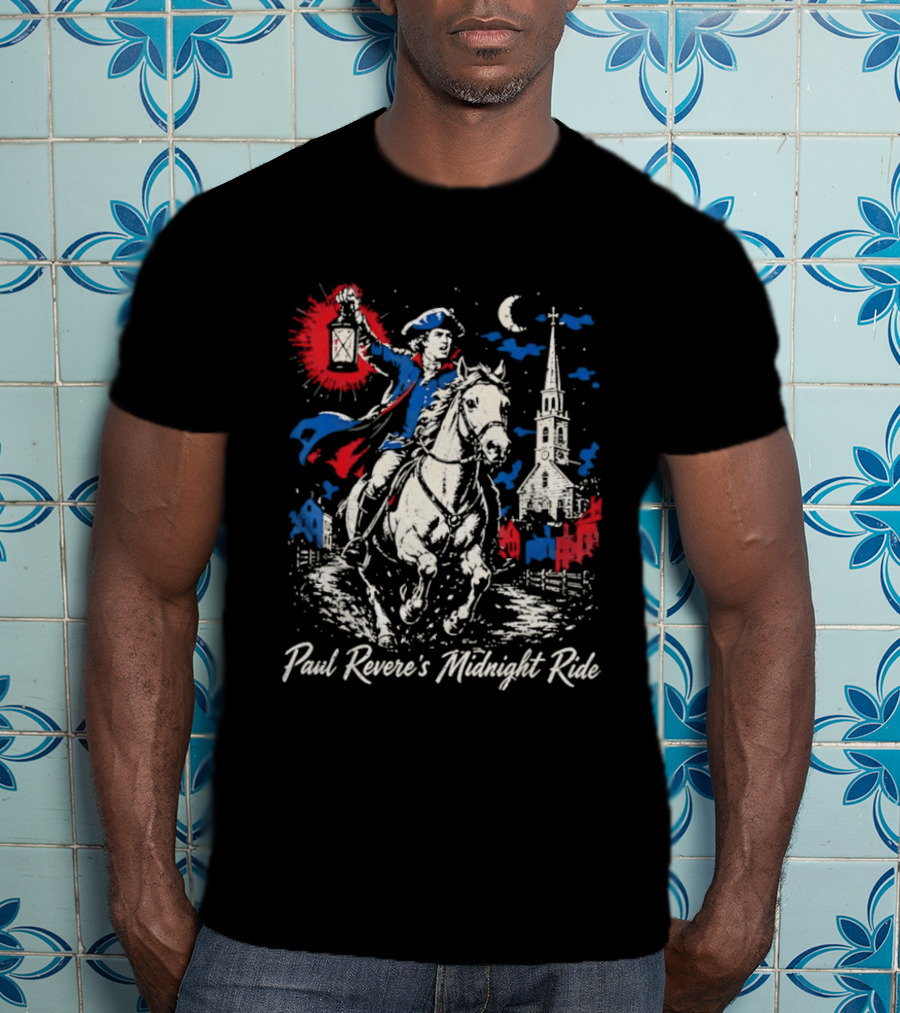 Paul Revere Midnight Ride American Revolutionary War Patriotic Historical Scene With Lantern And Church T-Shirt