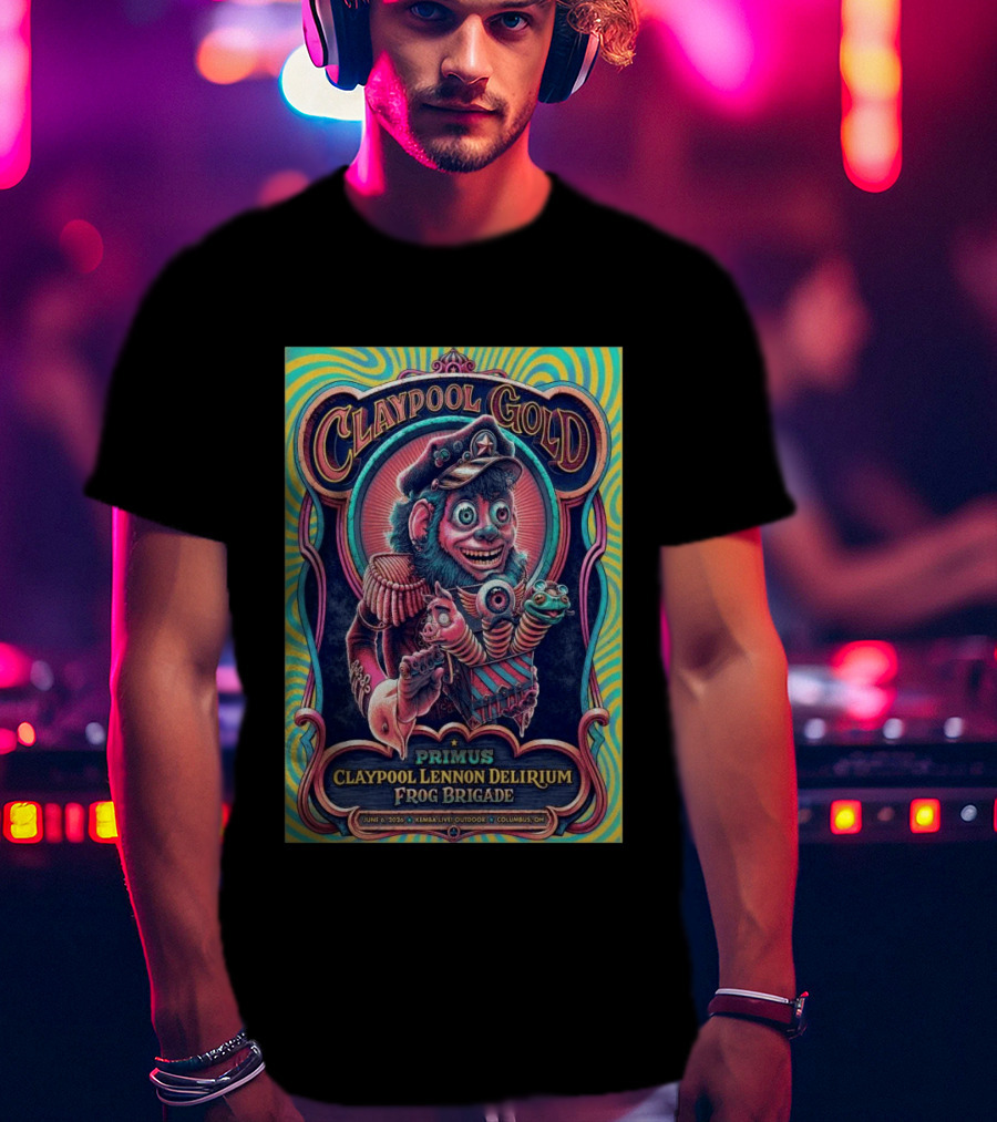 Primus Claypool Lennon Delirium Frog Brigade Columbus OH June 6 2026 Claypool Gold T-Shirt