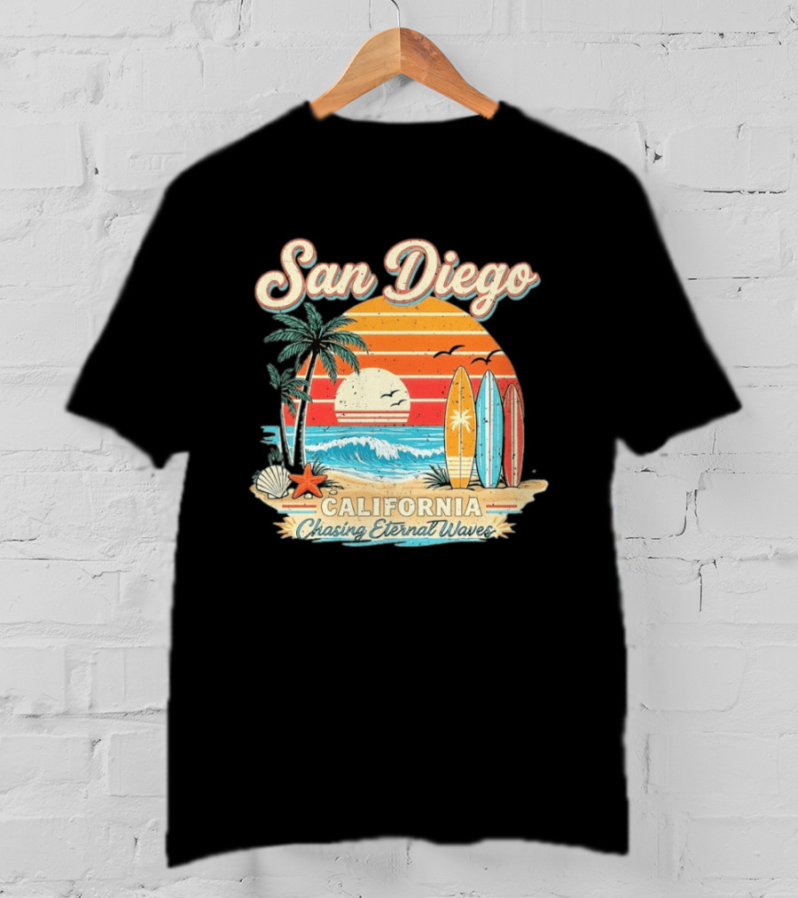 San Diego California Surfing Sunrise Chasing Eternal Waves Beach Vacation T-Shirt
