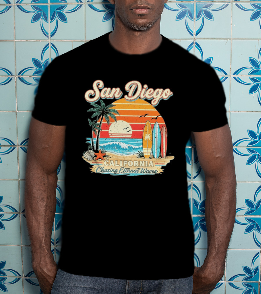 San Diego California Surfing Sunrise Chasing Eternal Waves Beach Vacation T-Shirt