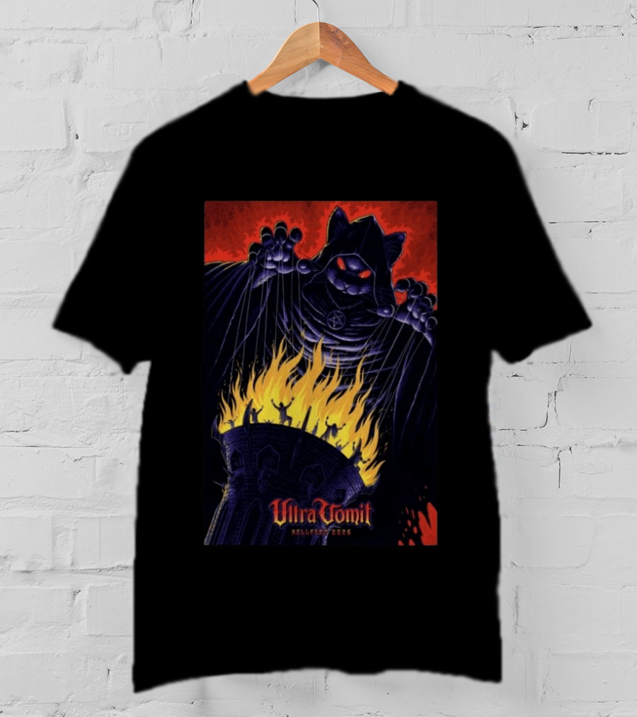 Ultra Vomit Hellfest 2026 Clisson France Jun 19 Puppet Master Cat With Fire Tower T-Shirt