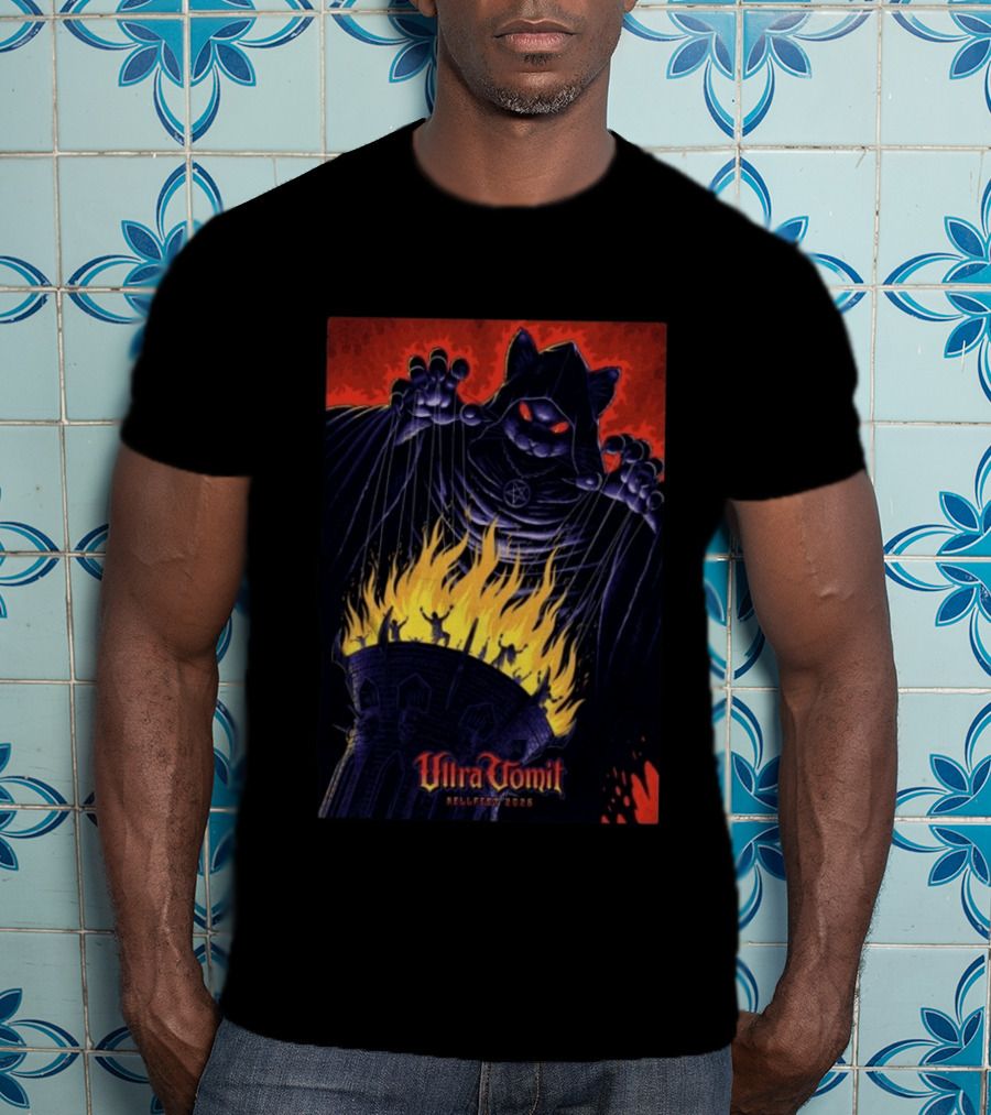 Ultra Vomit Hellfest 2026 Clisson France Jun 19 Puppet Master Cat With Fire Tower T-Shirt