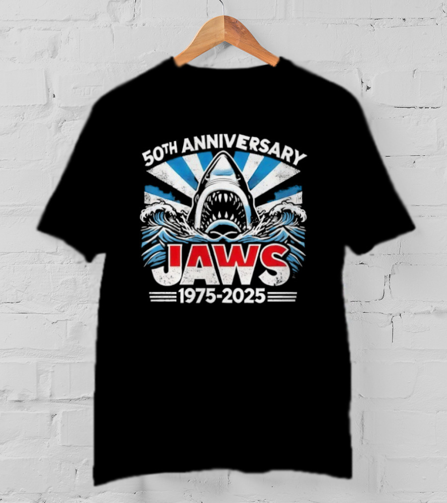 50th Anniversary Jaws 1975-2025 Shark Classic Retro Film Tribute T-Shirt