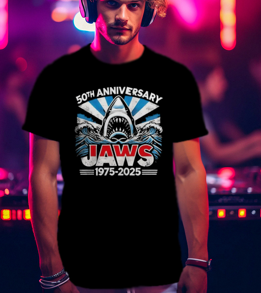 50th Anniversary Jaws 1975-2025 Shark Classic Retro Film Tribute T-Shirt