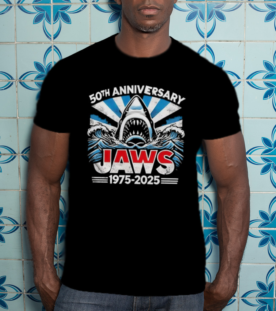 50th Anniversary Jaws 1975-2025 Shark Classic Retro Film Tribute T-Shirt