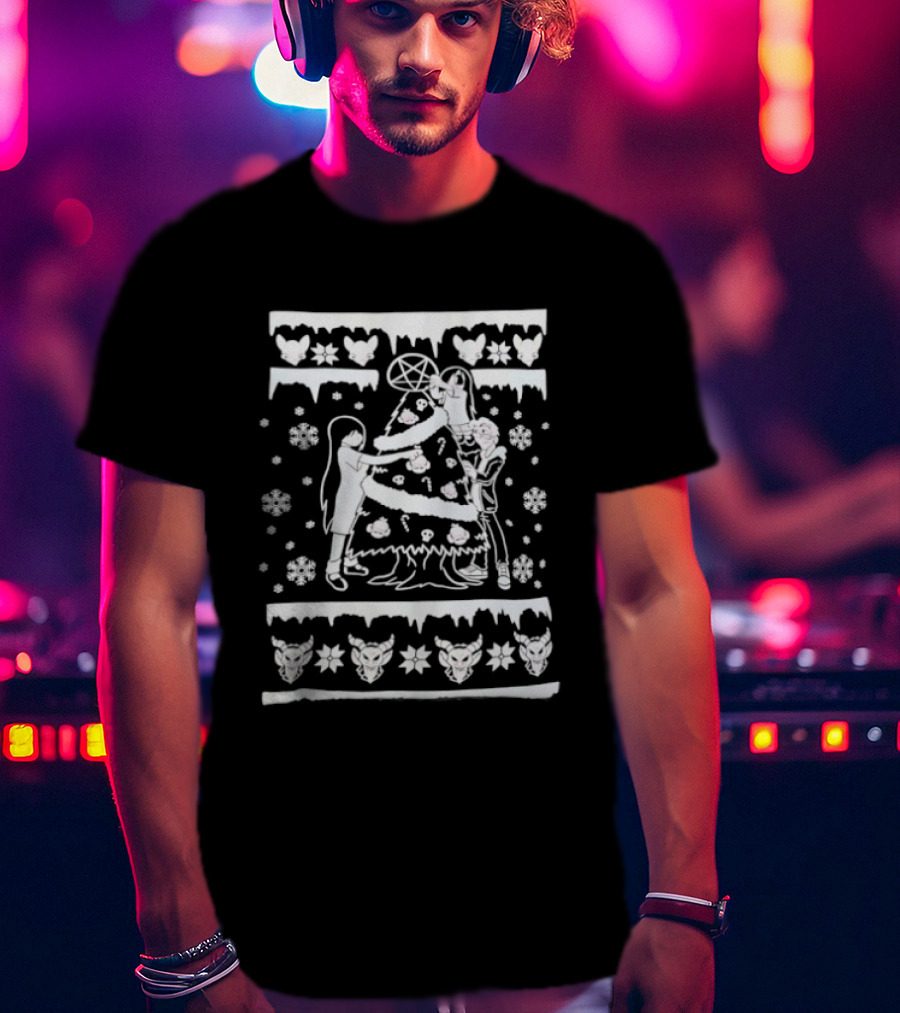 Baphomet Pentagram Christmas Tree Decoration With Ice Hearts And Snowflakes T-Shirt