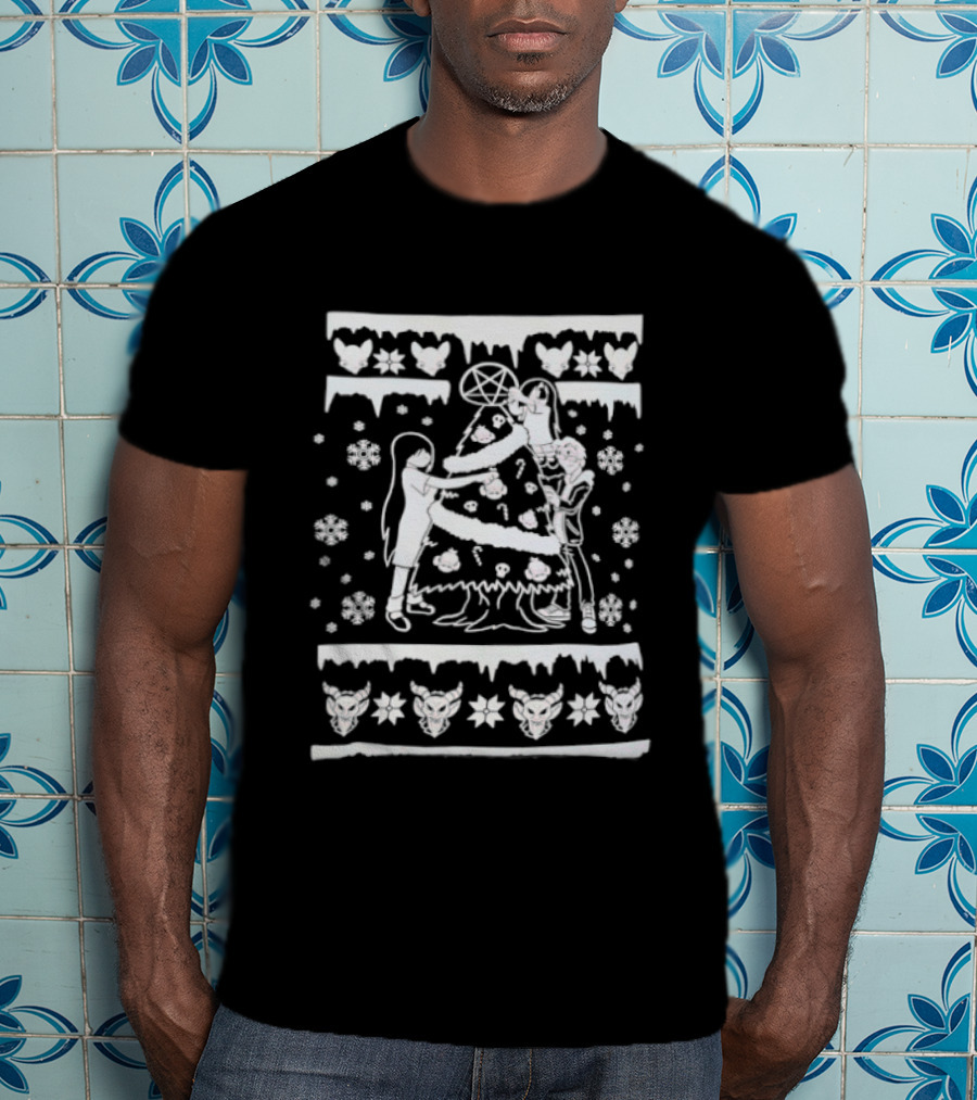 Baphomet Pentagram Christmas Tree Decoration With Ice Hearts And Snowflakes T-Shirt