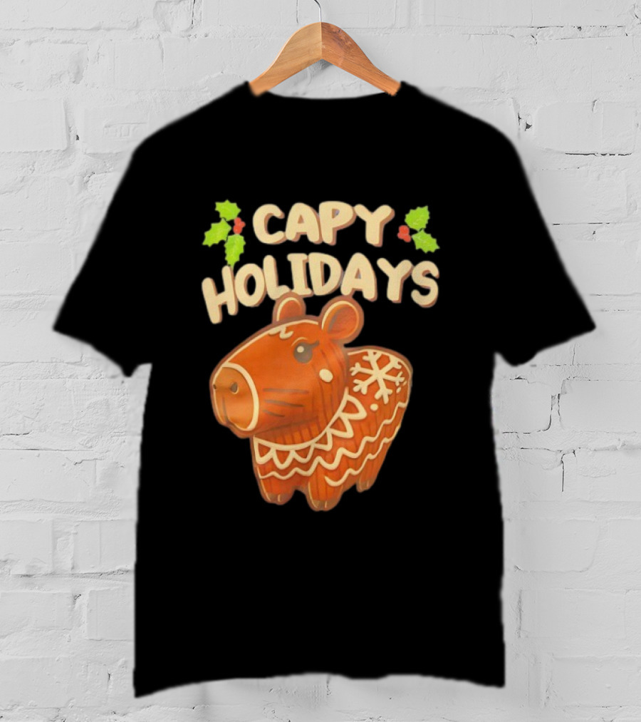 Capy Holidays Christmas Cookie Capybara With Holly Leaves T-Shirt