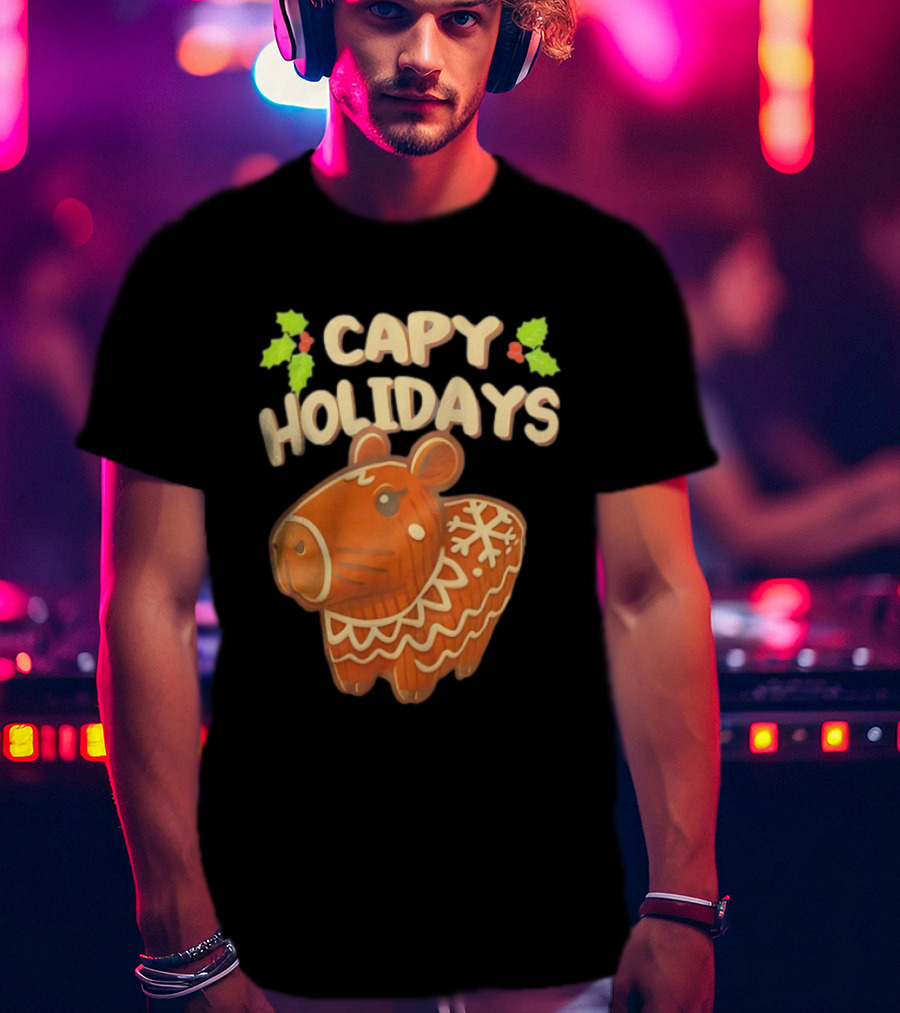Capy Holidays Christmas Cookie Capybara With Holly Leaves T-Shirt