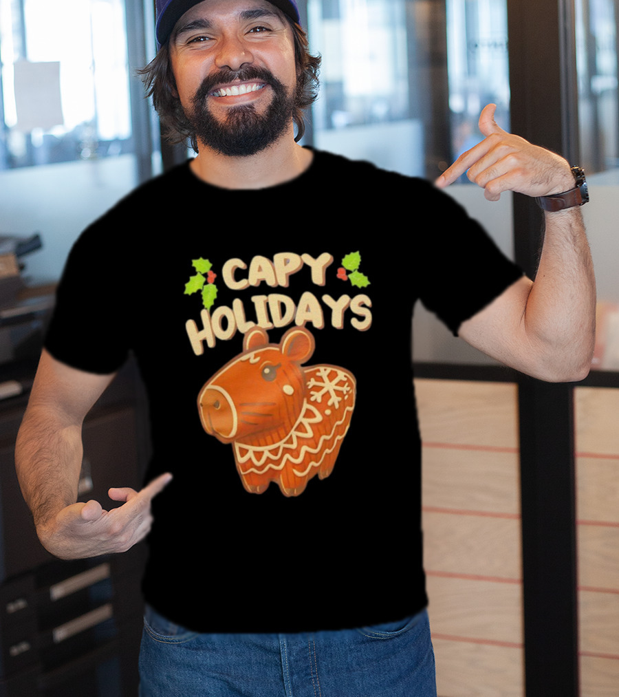 Capy Holidays Christmas Cookie Capybara With Holly Leaves T-Shirt