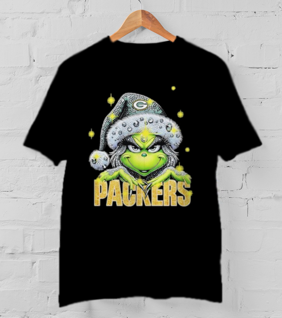 Green Bay Packers Grinch Santa Hat Christmas Football Fan Apparel T-Shirt
