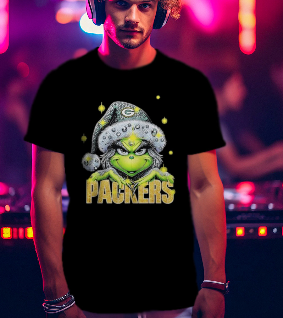 Green Bay Packers Grinch Santa Hat Christmas Football Fan Apparel T-Shirt