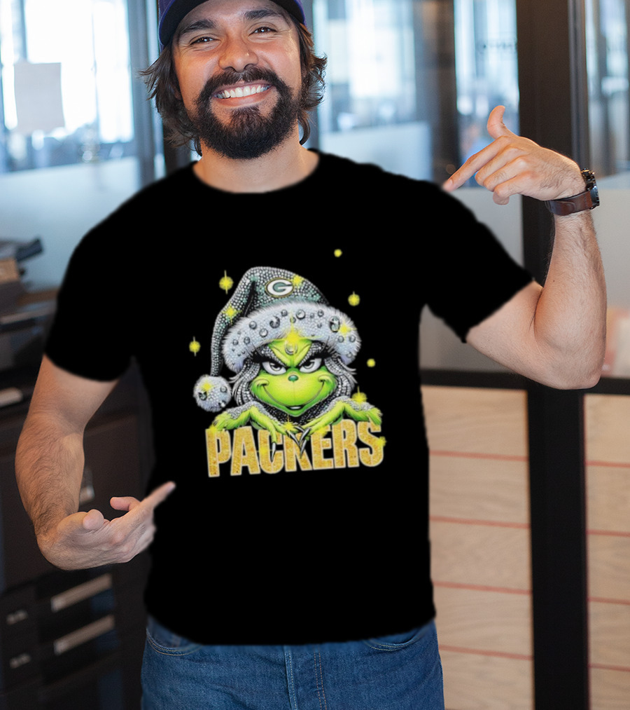 Green Bay Packers Grinch Santa Hat Christmas Football Fan Apparel T-Shirt