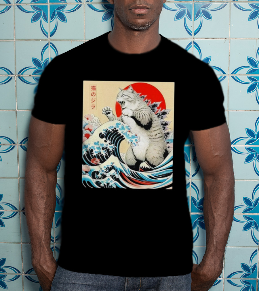Catzilla Ukiyo-e Japanese 猫のジラ Kanagawa Waves Red Sun T-Shirt