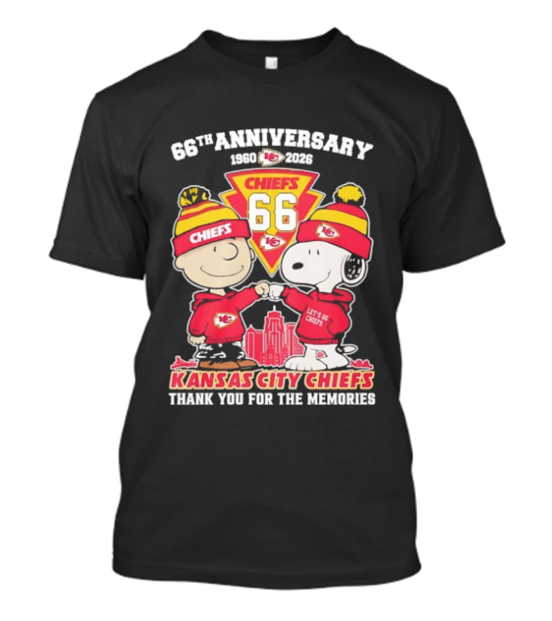 Kansas City Chiefs 66th Anniversary With Snoopy And Charlie Brown 1960-2026 T-Shirt