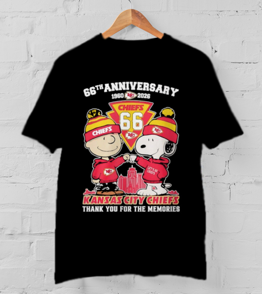 Kansas City Chiefs 66th Anniversary With Snoopy And Charlie Brown 1960-2026 T-Shirt