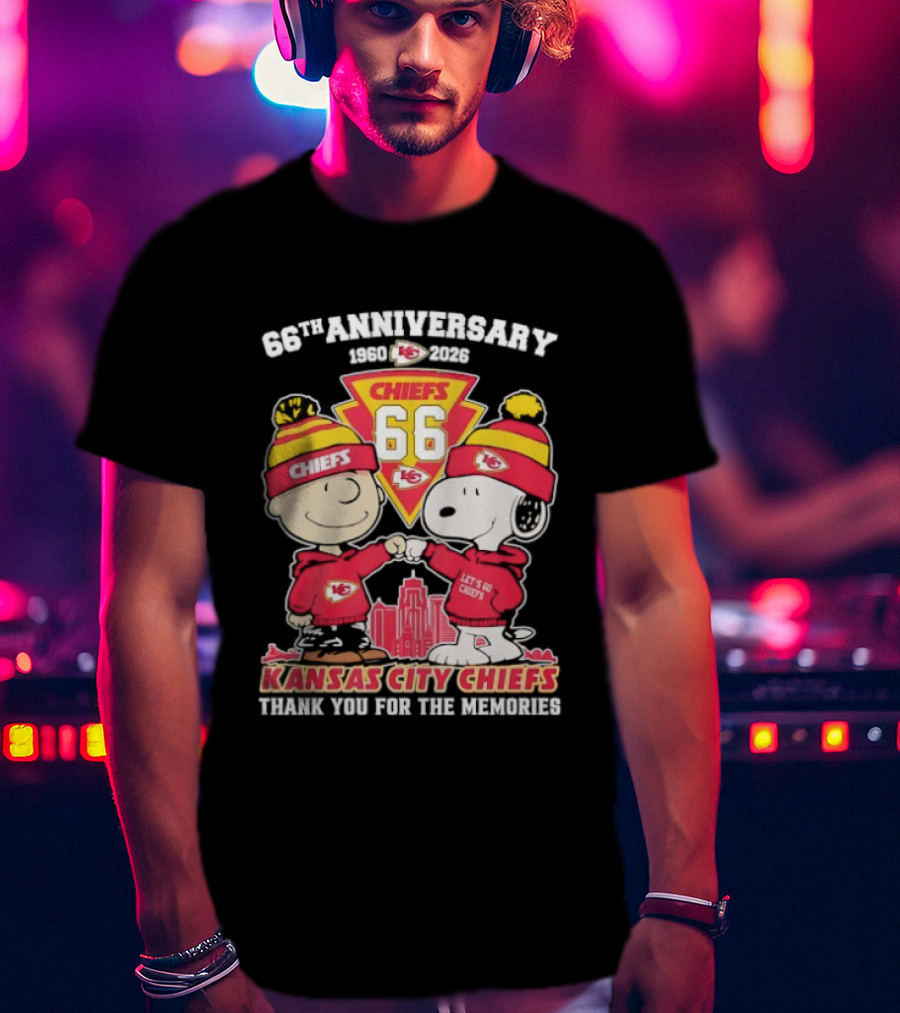 Kansas City Chiefs 66th Anniversary With Snoopy And Charlie Brown 1960-2026 T-Shirt