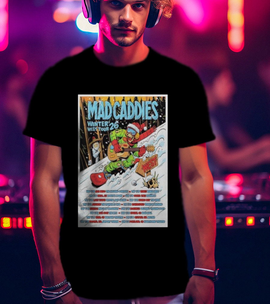 Mad Caddies Winter West Tour 26 Snowboarding Santa Skeleton Guitarist T-Shirt