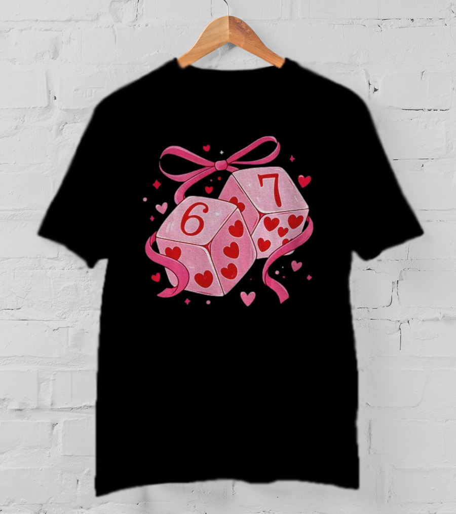 Preppy Valentine Pink Heart Dice 67 Bow Ribbon T-Shirt