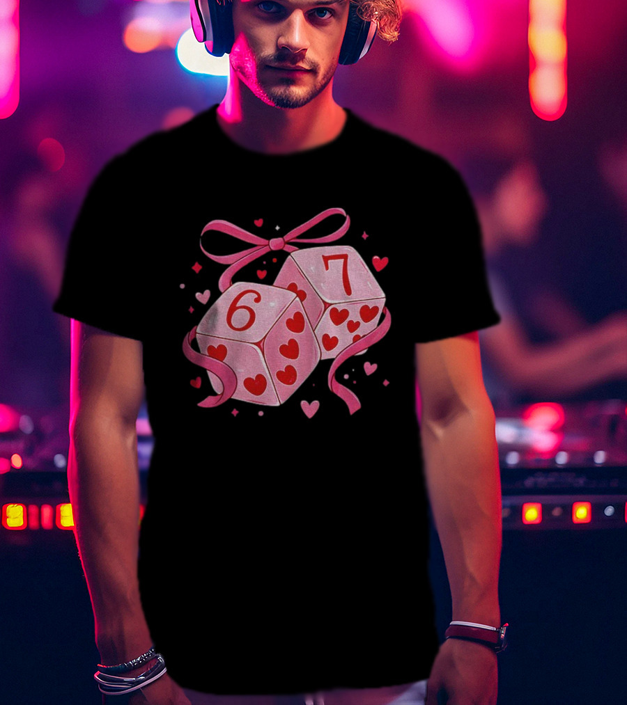 Preppy Valentine Pink Heart Dice 67 Bow Ribbon T-Shirt