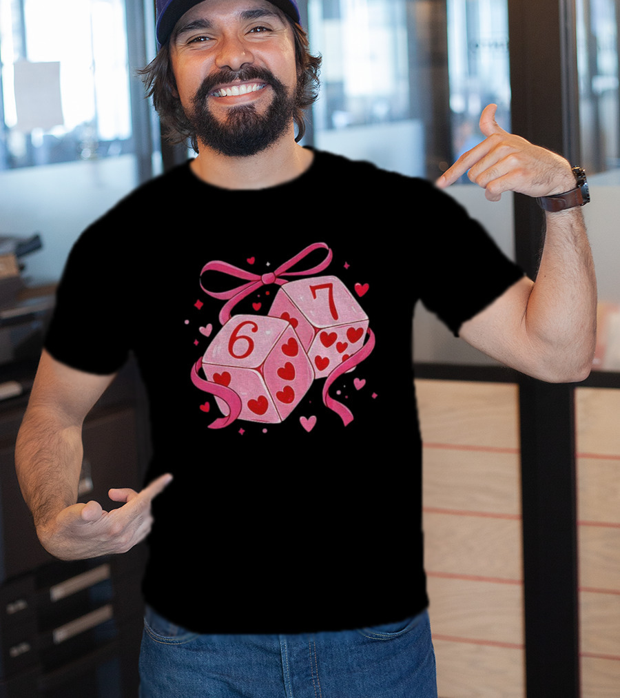 Preppy Valentine Pink Heart Dice 67 Bow Ribbon T-Shirt