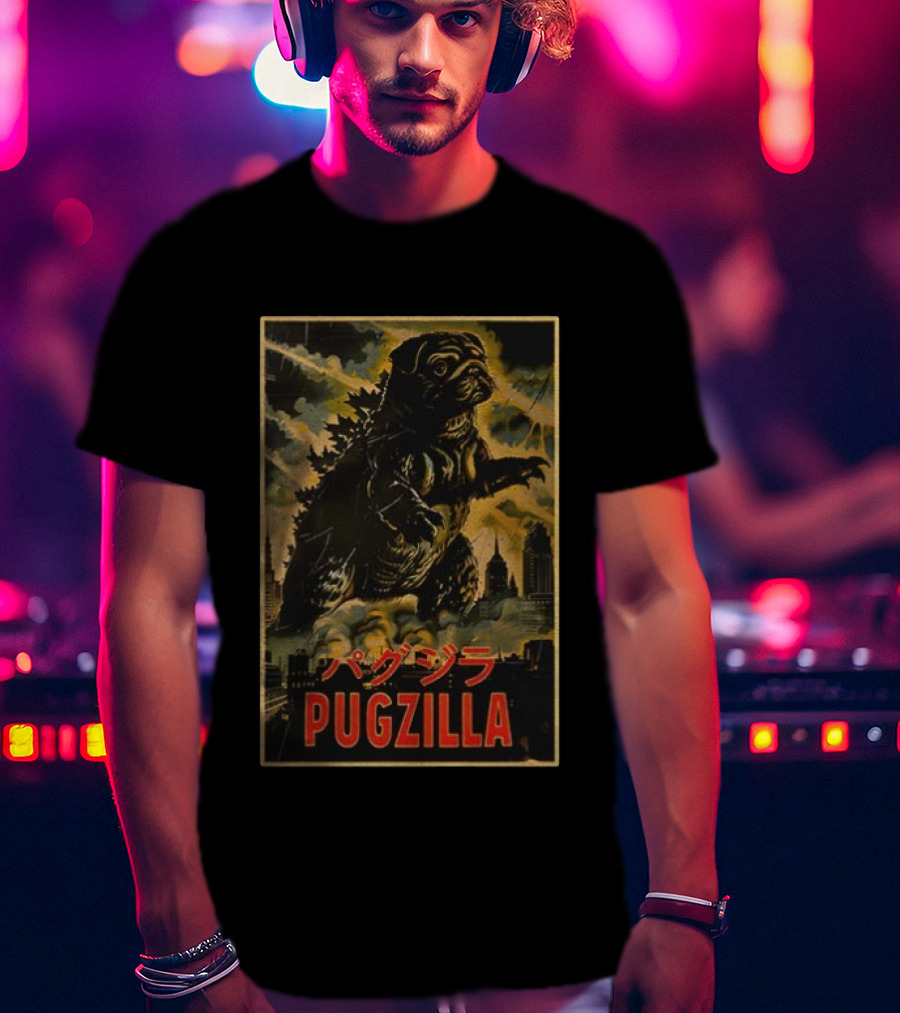 Pugzilla パグジラ Retro Japanese Movie Monster Urban Skyline T-Shirt