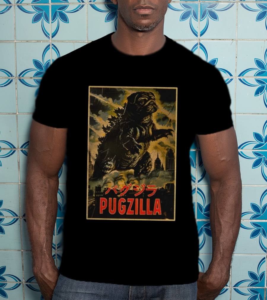 Pugzilla パグジラ Retro Japanese Movie Monster Urban Skyline T-Shirt