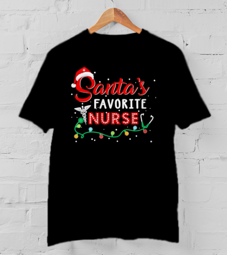 Santa's Favorite Nurse Christmas With Santa Hat And Stethoscope T-Shirt